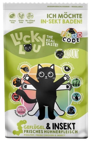 Przejdź do produktu Lucky Lou Food Code Lifestage Adult Drób & Owady 750g - karma sucha dla kota