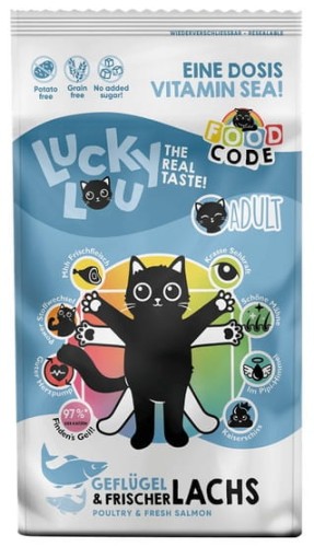 Przejdź do produktu Lucky Lou Food Code Lifestage Adult Drób & Łosoś 340g - karma sucha dla kota