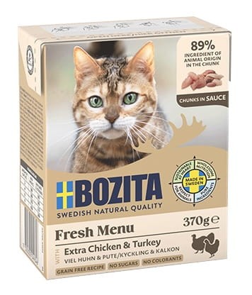 Przejdź do produktu Bozita z Kurczakiem i indykiem - kawałki w sosie kartonik 370g - karma mokra dla kota