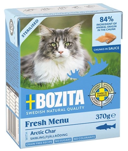 Przejdź do produktu Bozita Sterilised z Pstrągiem górskim kawałki w sosie kartonik 370g - karma mokra dla kota