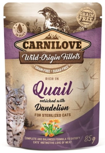 Przejdź do produktu Carnilove Cat Quail & Dandelion Sterilised - przepiórka i mniszek saszetka 85g - karma mokra dla kota