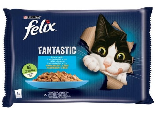 Przejdź do produktu Felix Fantastic Rybne Smaki łosoś/gładzica w galaretce saszetki 4x85g - karma mokra dla kota