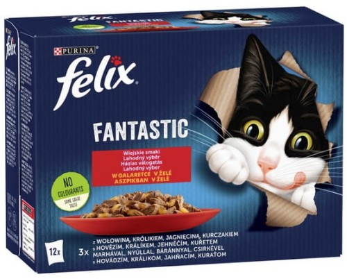 Przejdź do produktu Felix Fantastic Wiejskie Smaki w galaretce kurczak/wołowina/królik/jagnięcina saszetki 12x85g - karma mokra dla kota