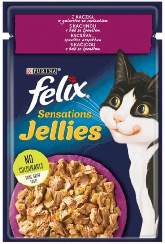 Przejdź do produktu Felix Sensations Kaczka w galaretce ze szpinakiem saszetka 85g - karma mokra dla kota