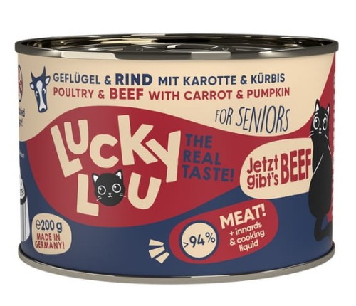 Przejdź do produktu Lucky Lou Lifestage Senior Drób i wołowina puszka 200g - karma mokra dla kota