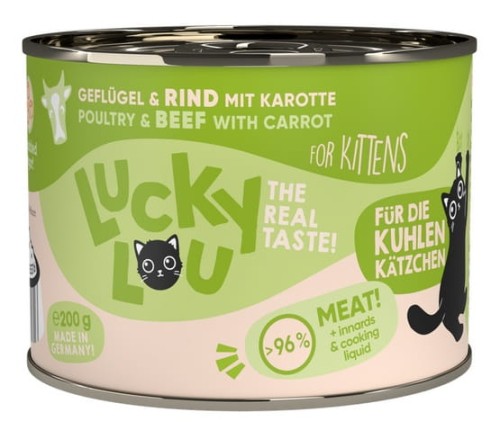 Przejdź do produktu Lucky Lou Lifestage Kitten Drób i wołowina puszka 200g - karma mokra dla kota