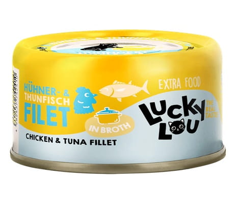 Przejdź do produktu Lucky Lou Extrafood Kurczak i tuńczyk w bulionie puszka 70g - karma mokra dla kota