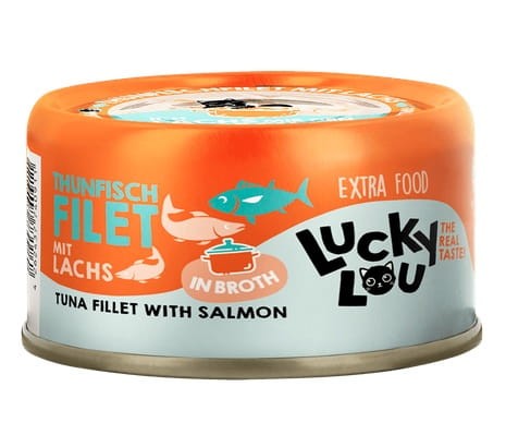Przejdź do produktu Lucky Lou Extrafood Tuńczyk & łosoś w bulionie puszka 70g - karma mokra dla kota