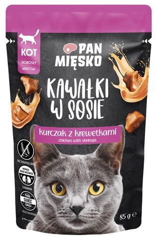 Przejdź do produktu Pan Mięsko - kurczak i krewetki kawałki w sosie saszetka 85g - karma mokra dla kota