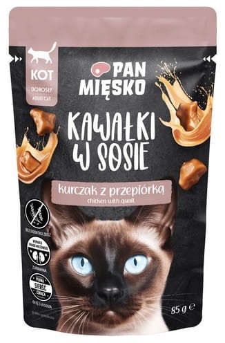 Przejdź do produktu Pan Mięsko - kurczak i przepiórka kawałki w sosie saszetka 85g - karma mokra dla kota