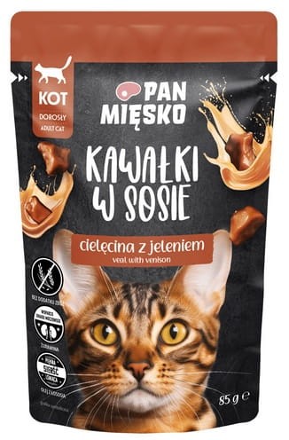 Przejdź do produktu Pan Mięsko - cielęcina i jeleń kawałki w sosie saszetka 85g - karma mokra dla kota