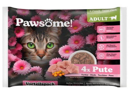 Przejdź do produktu Pawsome Adult Pute - indyk saszetki 4x85g - karma mokra dla kota