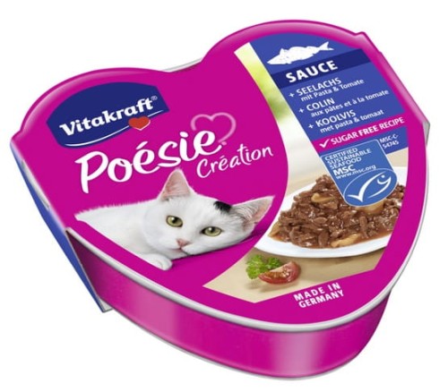 Przejdź do produktu Vitakraft Poesie sos dorsz z makaronem w sosie pomidorowym tacka 85g - karma mokra dla kota