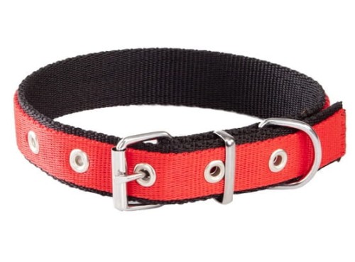 Przejdź do produktu Dingo Obroża taśma polipropylenowa podwójnie zszywana 2,5cm/60cm czerwono-czarna