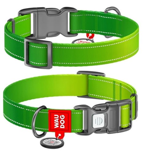 Przejdź do produktu Collar WauDog Nylon Mono Obroża nylonowa odblaskowa z QR-paszportem, plastikowy fastex, M 20mm/28-40cm jasnozielona