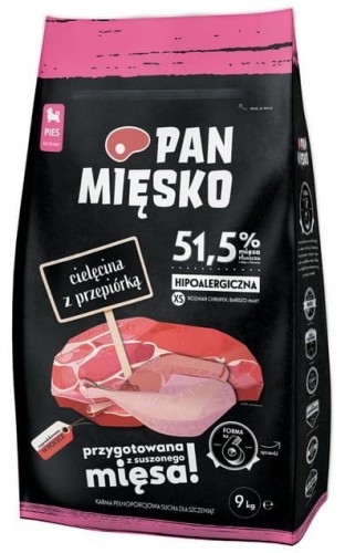 Przejdź do produktu Pan Mięsko - cielęcina i przepiórka chrupki XS 9kg - karma sucha dla szczeniąt