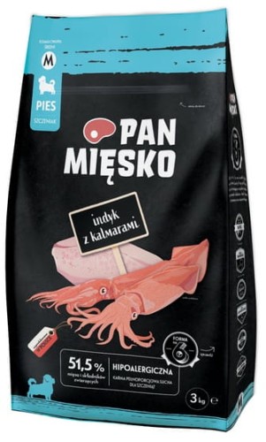 Przejdź do produktu Pan Mięsko - indyk i kalmary chrupki M 3kg - karma sucha dla szczeniąt