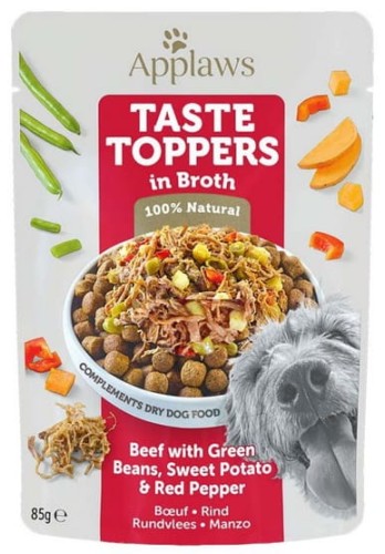Przejdź do produktu Applaws Taste Toppers Saszetka - wołowina, zielony groszek, bataty i czerwona papryka w sosie 85g - monobiałkowa karma mokra dla psa