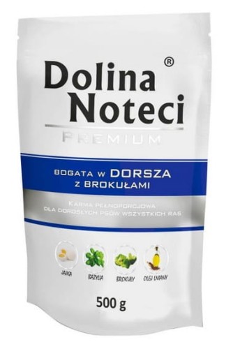Przejdź do produktu Dolina Noteci Premium Dorsz z brokułami saszetka 500g - karma mokra dla psa