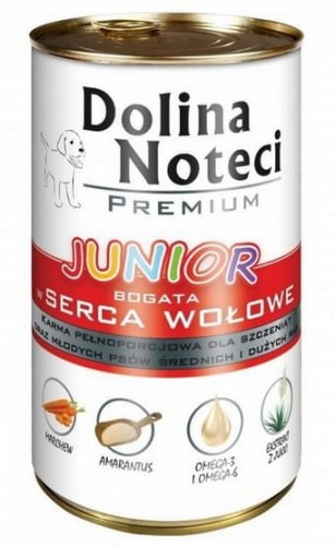 Przejdź do produktu Dolina Noteci Premium Junior Serca wołowe puszka 400g - karma mokra dla psa