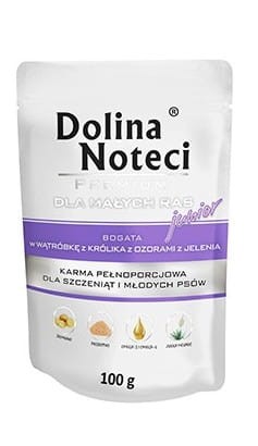 Przejdź do produktu Dolina Noteci Premium Junior Wątróbka z królika i ozory z jelenia saszetka 100g - karma mokra dla psa