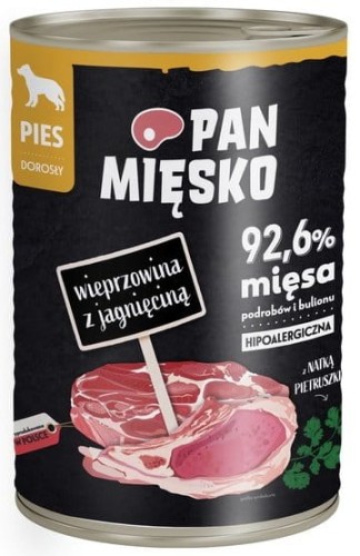 Przejdź do produktu Pan Mięsko Wieprzowina z jagnięciną puszka 400g - karma mokra dla psa