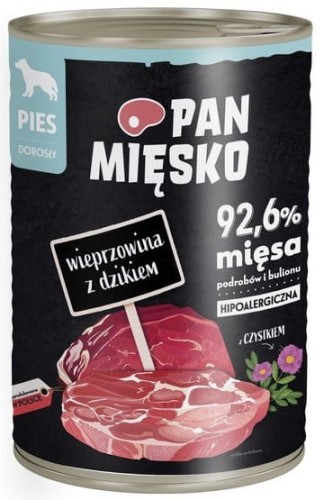 Przejdź do produktu Pan Mięsko Wieprzowina z dzikiem puszka 400g - karma mokra dla psa