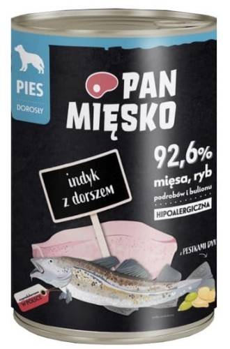 Przejdź do produktu Pan Mięsko Indyk z dorszem puszka 400g - karma mokra dla psa