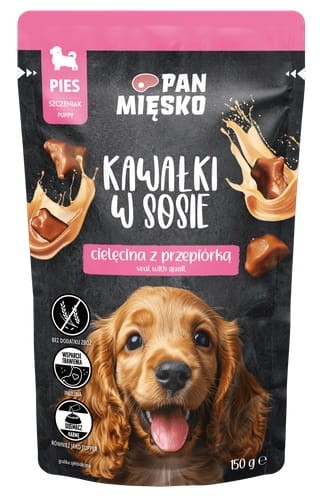 Przejdź do produktu Pan Mięsko - Puppy cielęcina z przepiórką kawałki w sosie saszetka 150g - karma mokra dla psa
