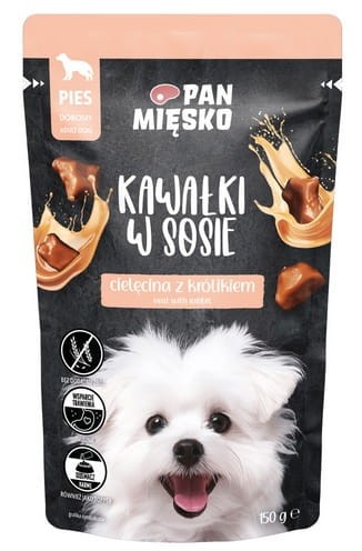 Przejdź do produktu Pan Mięsko - cielęcina z królikiem kawałki w sosie saszetka 150g - karma mokra dla psa
