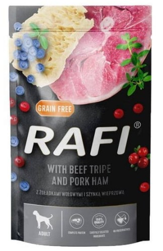 Przejdź do produktu Rafi Żołądki wołowe i szynka wieprzowa saszetka 500g - karma mokra dla psa
