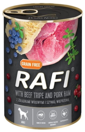 Przejdź do produktu Rafi Żołądki wołowe i szynka puszka 400g - karma mokra dla psa