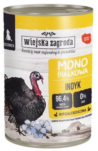 Przejdź do produktu Wiejska Zagroda Indyk dla szczeniąt puszka 400g -monobiałkowa karma mokra dla psa