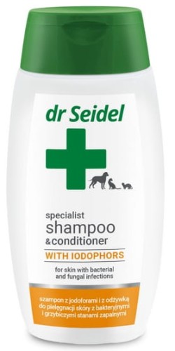 Przejdź do produktu Dr Seidel Szampon dla psów Jodoforowy z Odżywką (również dla kotów i fretek) 220ml
