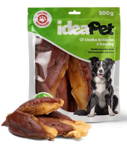Przejdź do produktu IdeaPet Uszka królicze z kaczką 500g - przysmak dla psa