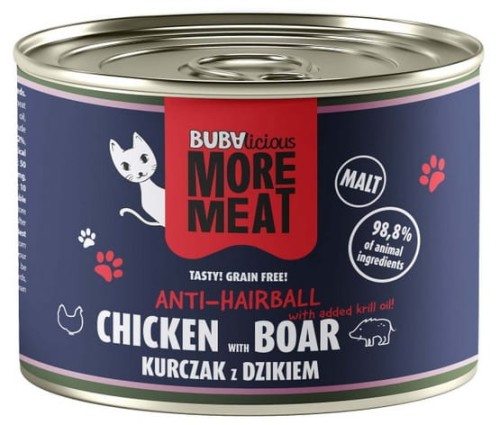 Przejdź do produktu BUBAlicious Kot More Meat Anti-Hairball kurczak i dzik puszka 185g – karma mokra dla kota