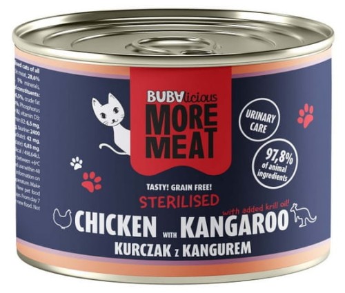 Przejdź do produktu BUBAlicious Kot More Meat Sterilised kurczak i kangur puszka 185g – karma mokra dla kota