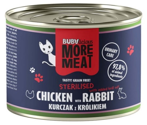 Przejdź do produktu BUBAlicious Kot More Meat Sterilised kurczak i królik puszka 185g – karma mokra dla kota