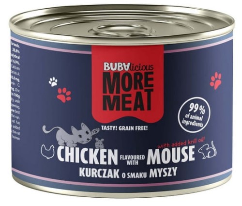 Przejdź do produktu BUBAlicious Kot More Meat Duo kurczak i mysz puszka 185g – karma mokra dla kota