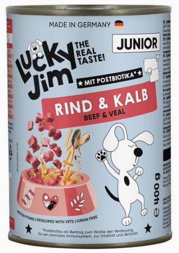 Przejdź do produktu Lucky Jim Classic Junior Wołowina i cielęcina puszka 400g – karma mokra dla psa