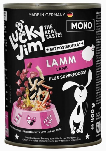 Przejdź do produktu Lucky Jim Mono Adult Jagnięcina puszka 400g – karma mokra dla psa