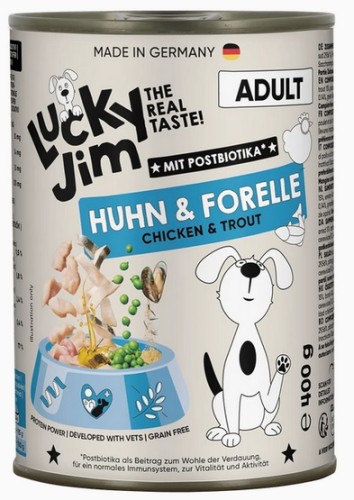 Przejdź do produktu Lucky Jim Classic Adult Kurczak i pstrąg puszka 400g – karma mokra dla psa