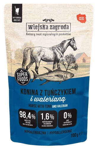 Przejdź do produktu Wiejska Zagroda Kot Konina z tuńczykiem i walerianą saszetka 100g – karma mokra dla kota