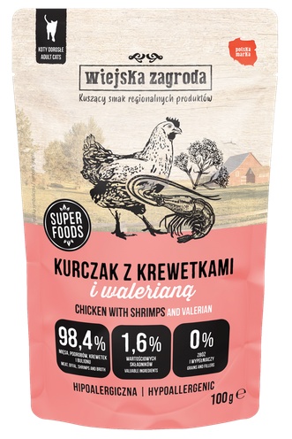 Przejdź do produktu Wiejska Zagroda Kot Kurczak z krewetkami i walerianą saszetka 100g – karma mokra dla kota