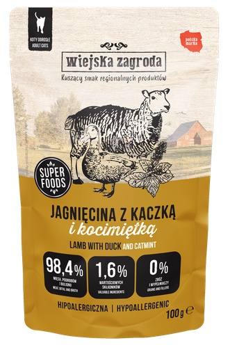 Przejdź do produktu Wiejska Zagroda Kot Jagnięcina z kaczką i kocimiętką saszetka 100g – karma mokra dla kota