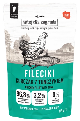 Przejdź do produktu Wiejska Zagroda Kot Fileciki kurczak z tuńczykiem saszetka 85g – karma mokra dla kota