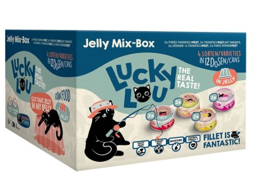 Przejdź do produktu Lucky Lou Extrafood Jelly-Mix-Box Multipack w galaretce puszki 12x70g – karma mokra dla kota