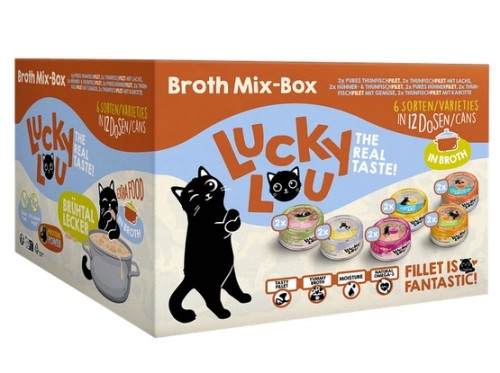 Przejdź do produktu Lucky Lou Extrafood Broth-Mix-Box Multipack w bulionie puszki 12x70g – karma mokra dla kota