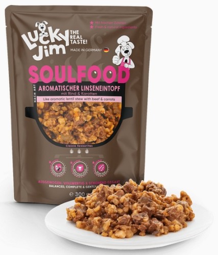 Przejdź do produktu Lucky Jim SoulFood Gulasz z soczewicą i wołowiną 300g – karma mokra dla psa