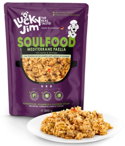 Przejdź do produktu Lucky Jim SoulFood Paella z kurczakiem, łososiem i krewetkami 300g – karma mokra dla psa